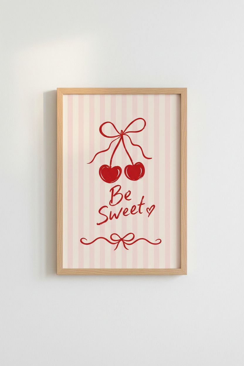Cherry Heart Be Sweet Wall Art | Pink Stripes, Red Coquette Nursery Decor