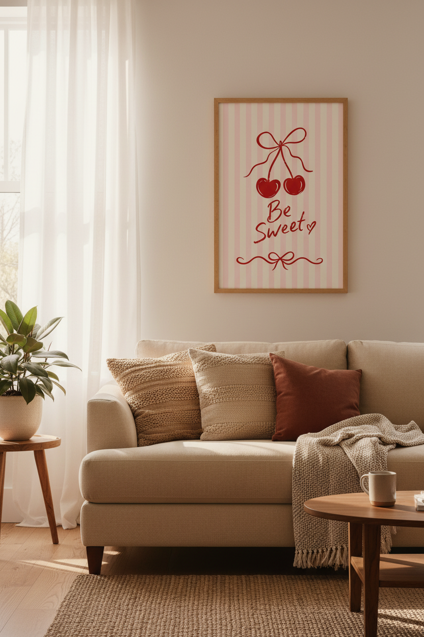 Cherry Heart Be Sweet Wall Art | Pink Stripes, Red Coquette Nursery Decor