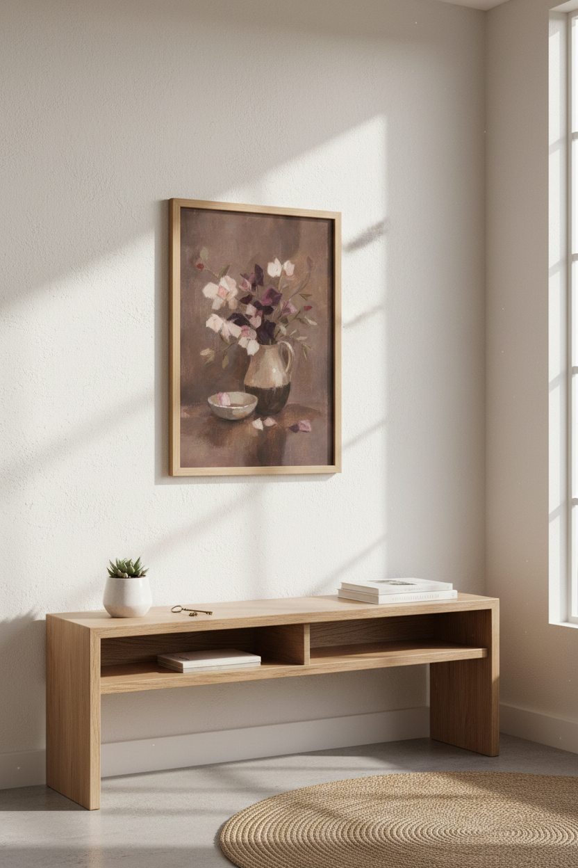 Floral Wall Art | Impressionist Bouquet in Pitcher, Neutral Tones | Living Room Decor