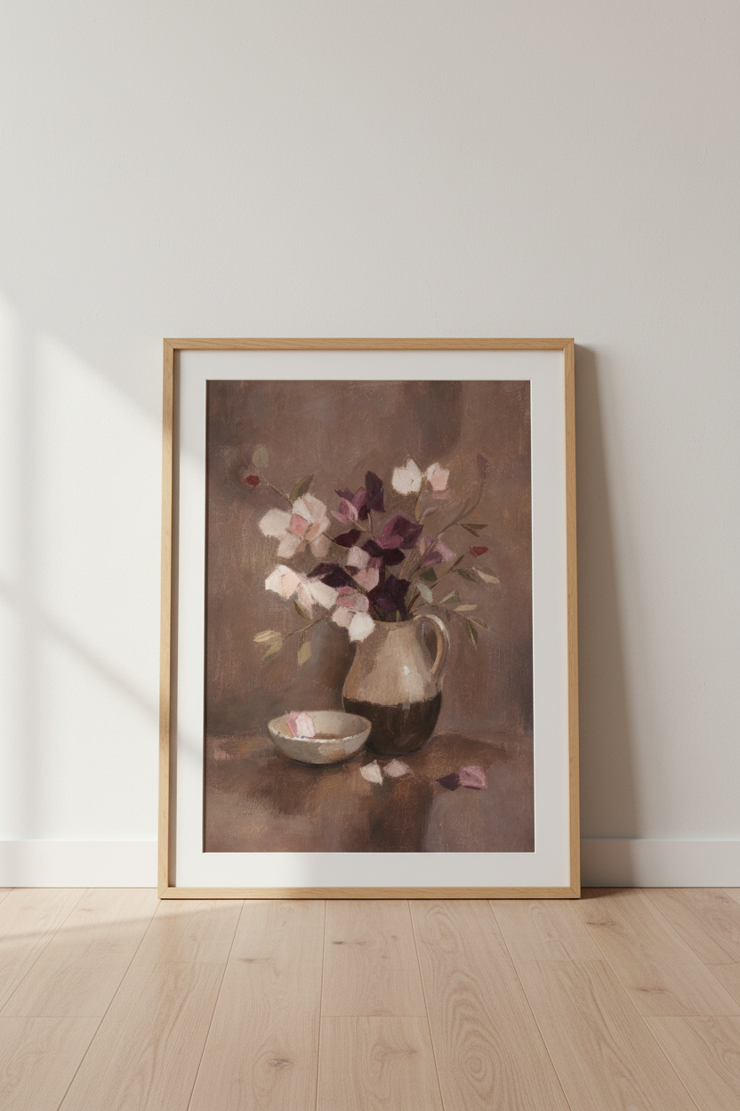 Floral Wall Art | Impressionist Bouquet in Pitcher, Neutral Tones | Living Room Decor