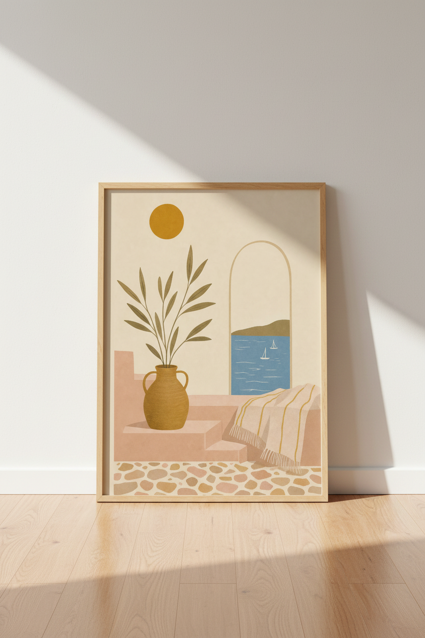 Mediterranean Coastal Scene | Terracotta &amp; Blue Boho Decor, Living Room Art