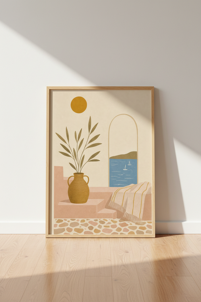 Mediterranean Coastal Scene | Terracotta &amp; Blue Boho Decor, Living Room Art