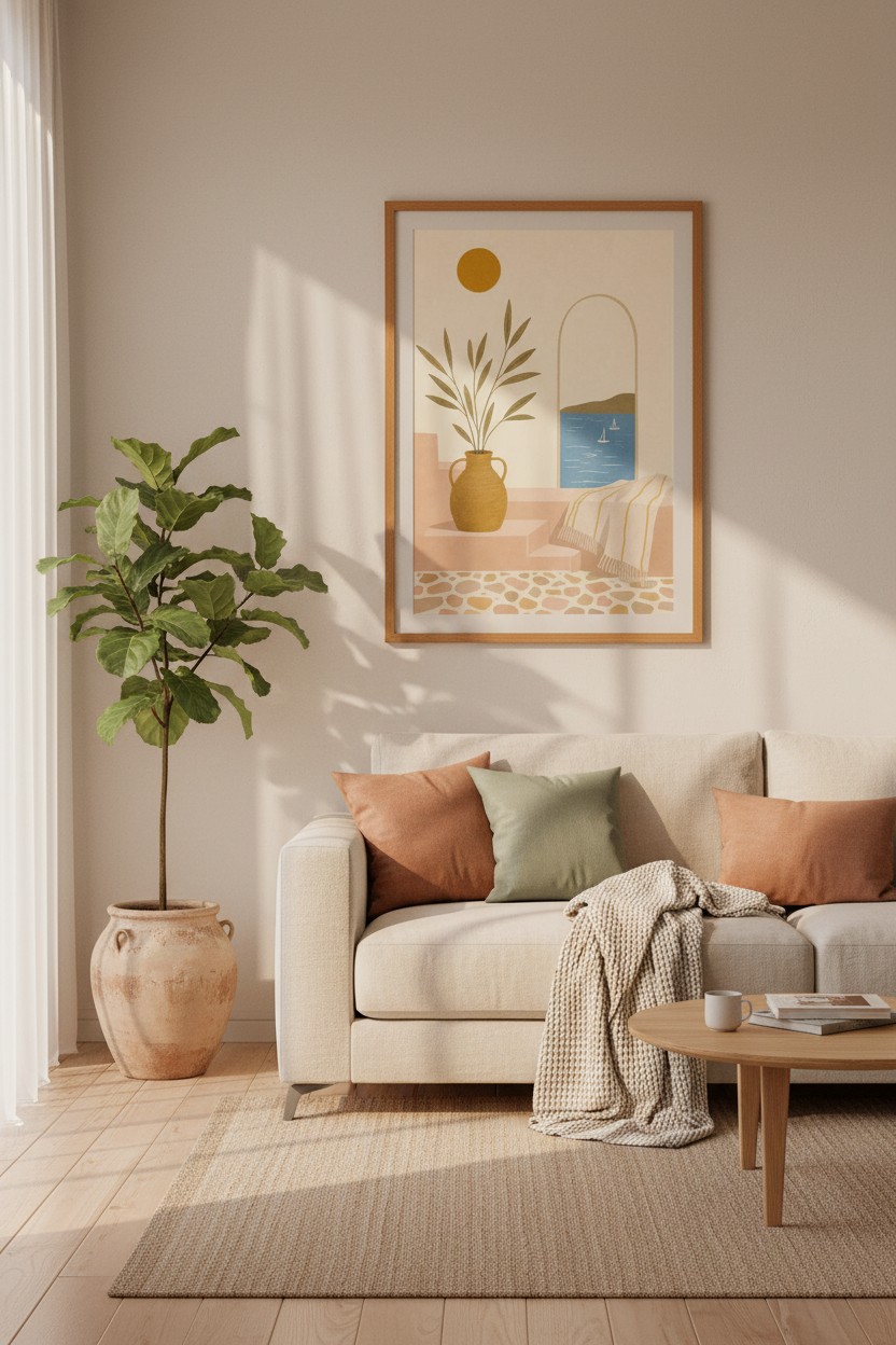 Mediterranean Coastal Scene | Terracotta &amp; Blue Boho Decor, Living Room Art
