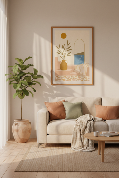 Mediterranean Coastal Scene | Terracotta &amp; Blue Boho Decor, Living Room Art