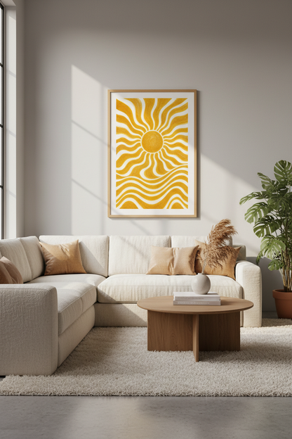 Retro Sun Wall Art | Yellow 70s Aesthetic Print, Boho Living Room Decor