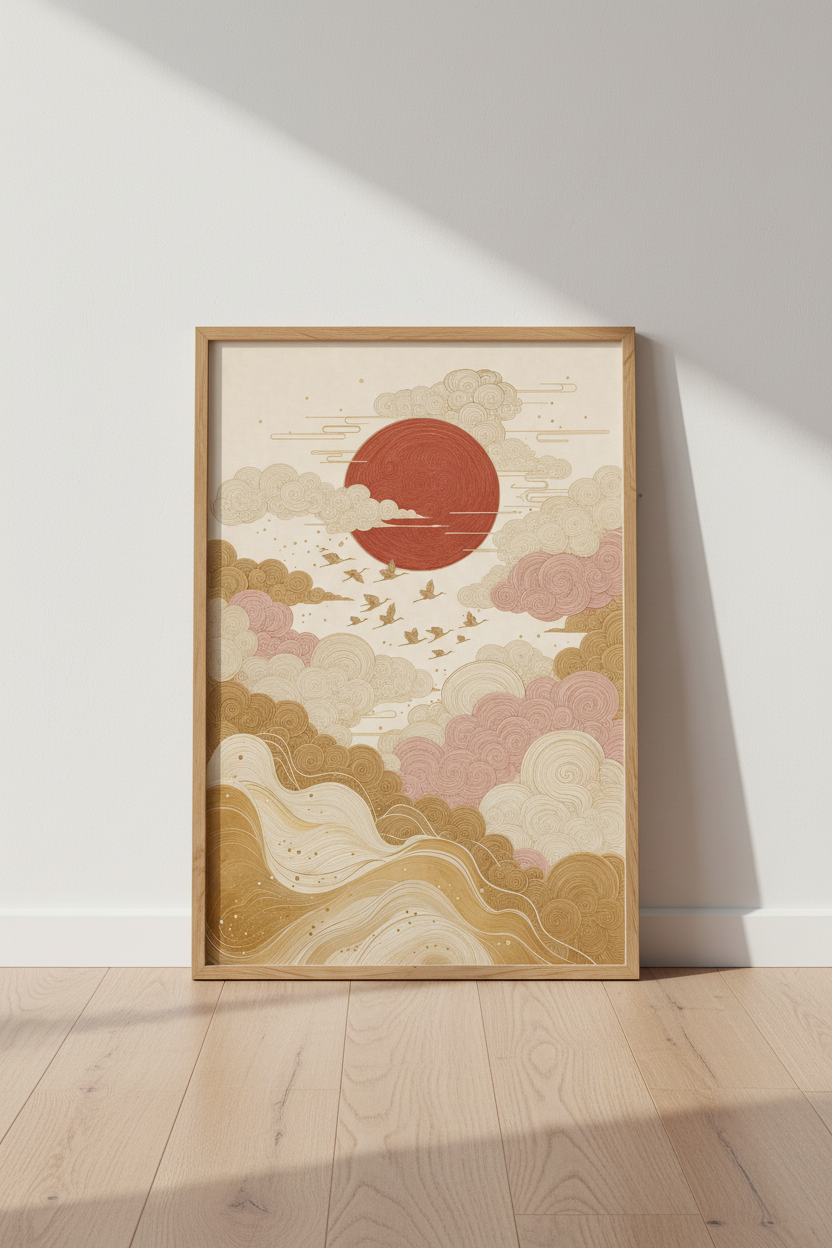 Japanese Crane &amp; Sun Wall Art Print | Zen Bedroom Decor | Boho Japandi Poster
