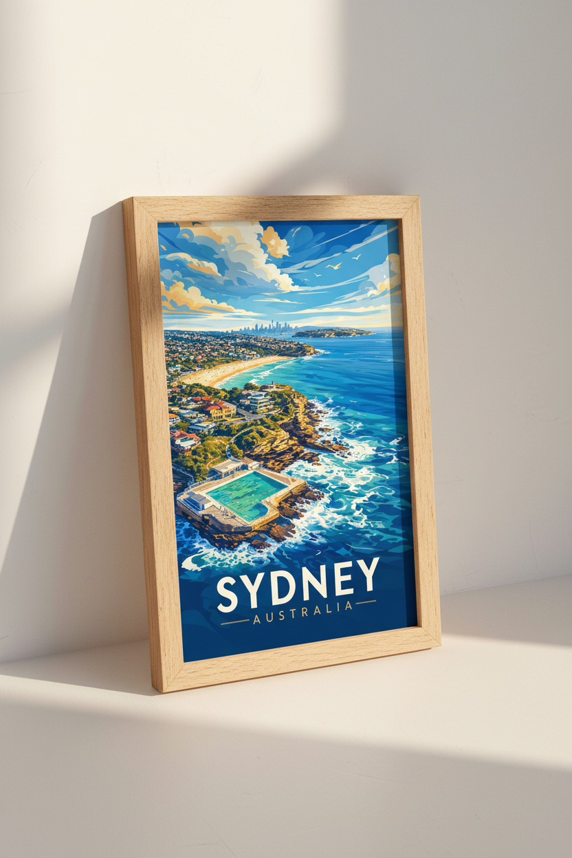 Sydney Australia Wall Art | Bondi Beach Coastal Decor | Vintage Travel Poster