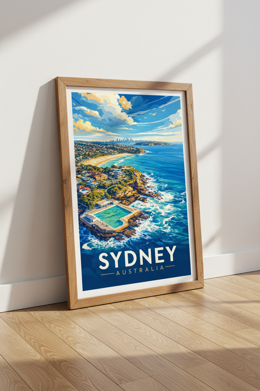 Sydney Australia Wall Art | Bondi Beach Coastal Decor | Vintage Travel Poster