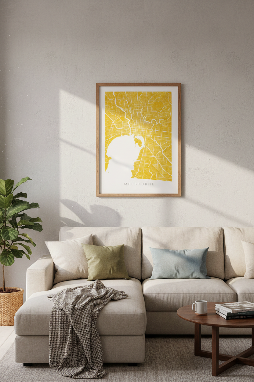 Melbourne City Map | Bold Yellow Minimalist Art, Modern Office &amp; Home Decor
