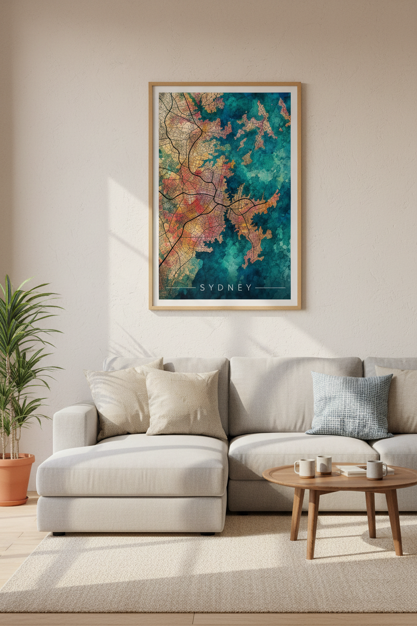 Sydney Map Wall Art | Teal Watercolor City Poster, Modern Living Room Decor
