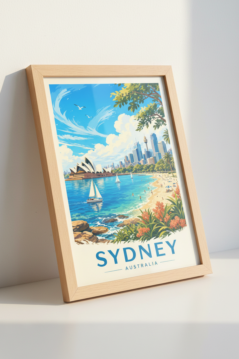 Sydney Australia Travel Poster | Blue Coastal Cityscape Wall Art | Modern Travel Print