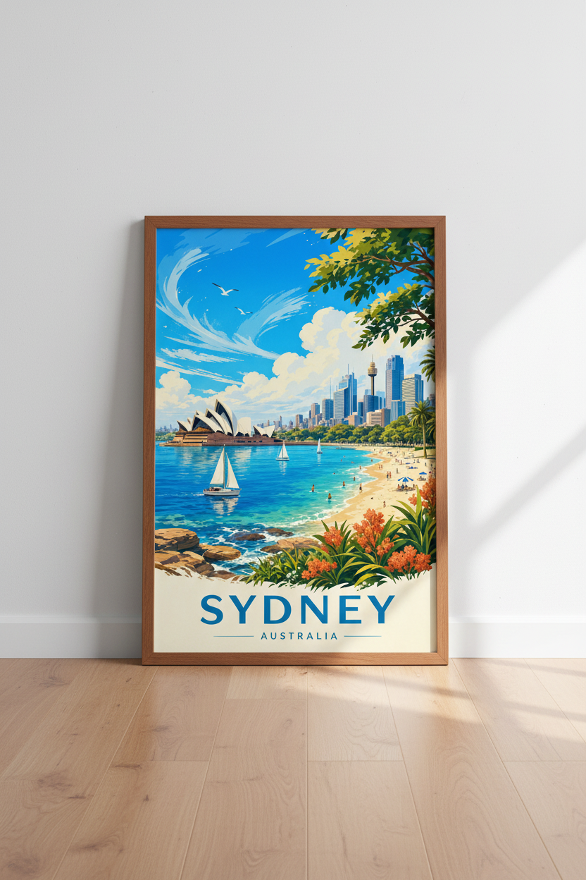 Sydney Australia Travel Poster | Blue Coastal Cityscape Wall Art | Modern Travel Print