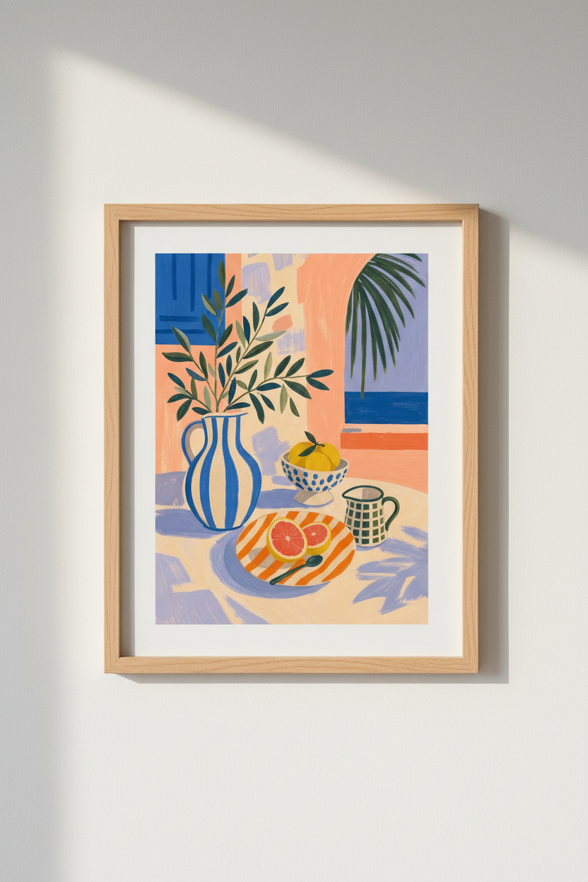Mediterranean Still Life Wall Art Print | Coastal Kitchen Decor | Vibrant Citrus Poster