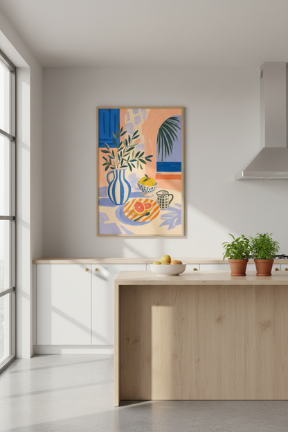 Mediterranean Still Life Wall Art Print | Coastal Kitchen Decor | Vibrant Citrus Poster