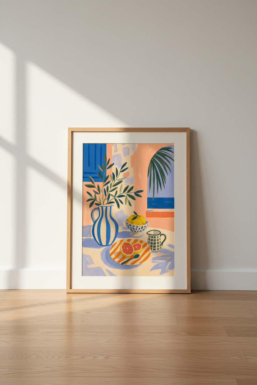 Mediterranean Still Life Wall Art Print | Coastal Kitchen Decor | Vibrant Citrus Poster