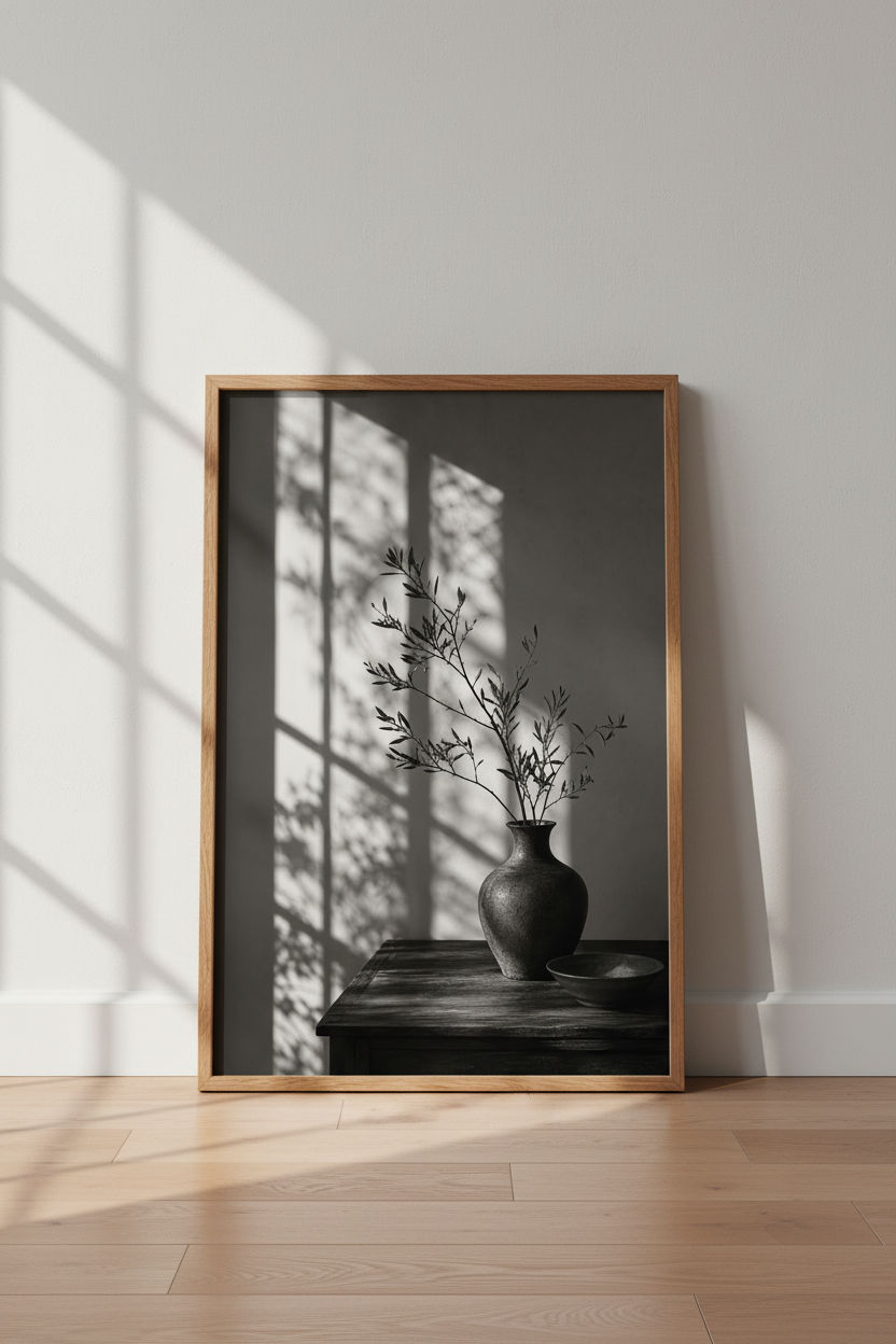 Minimalist Botanical Print | Moody Japandi Still Life, Wabi Sabi Living Room Decor
