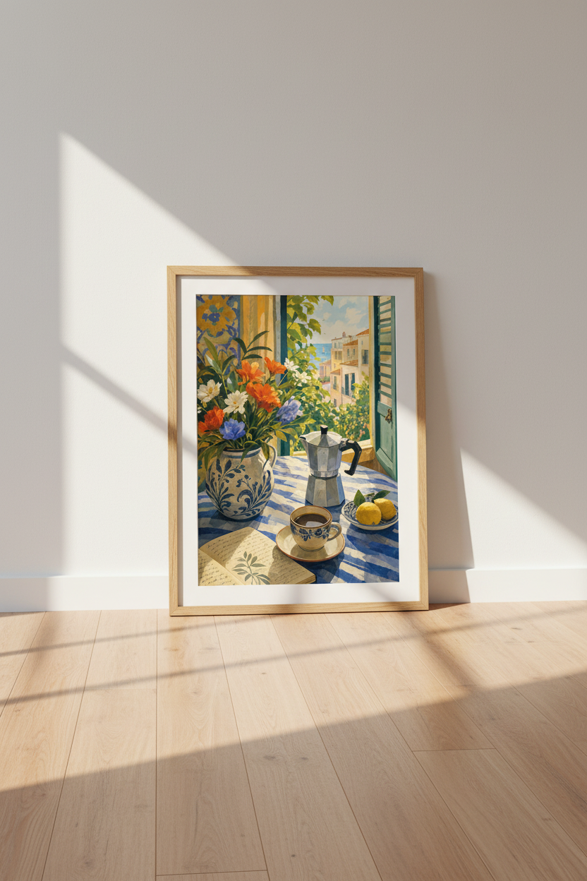 Mediterranean Still Life Wall Art | Italian Coastal Decor | Moka Pot &amp; Lemon Poster