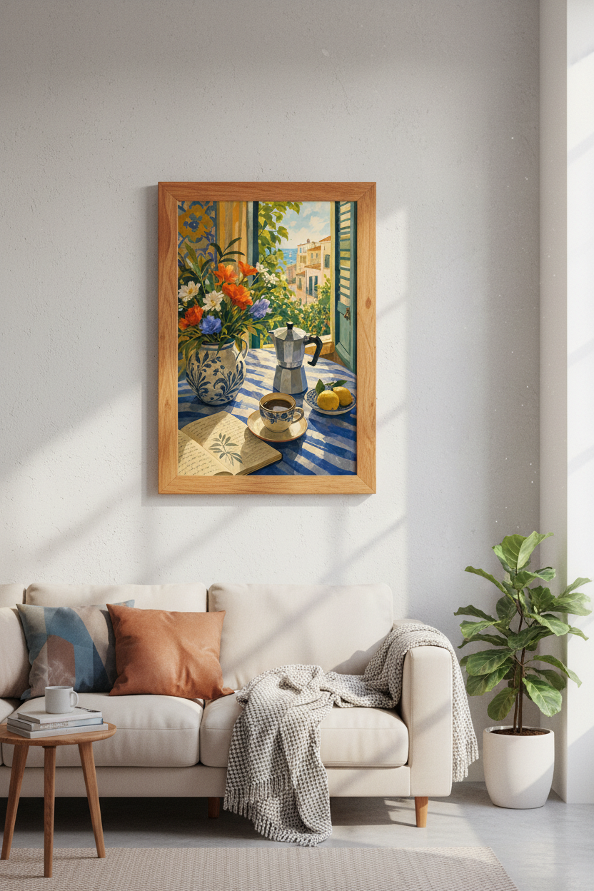 Mediterranean Still Life Wall Art | Italian Coastal Decor | Moka Pot &amp; Lemon Poster
