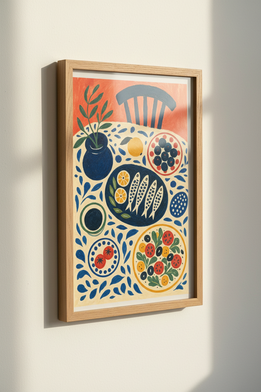 Mediterranean Sardines Still Life | Blue &amp; Red Folk Art, Kitchen Poster