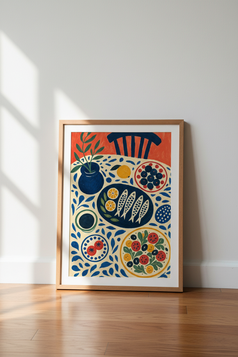 Mediterranean Sardines Still Life | Blue &amp; Red Folk Art, Kitchen Poster