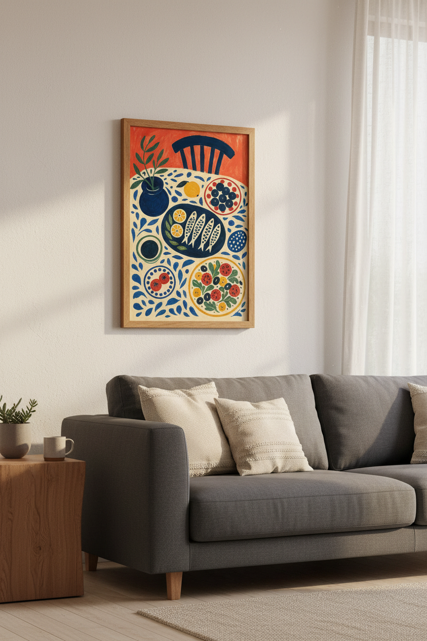 Mediterranean Sardines Still Life | Blue &amp; Red Folk Art, Kitchen Poster