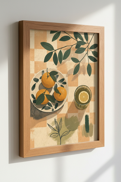 Citrus Fruit Still Life Print | Mediterranean Kitchen Decor | Boho Gingham Poster
