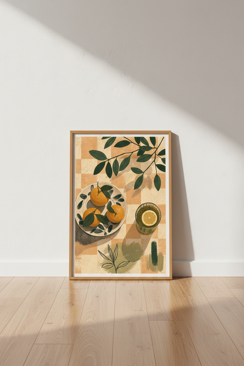 Citrus Fruit Still Life Print | Mediterranean Kitchen Decor | Boho Gingham Poster