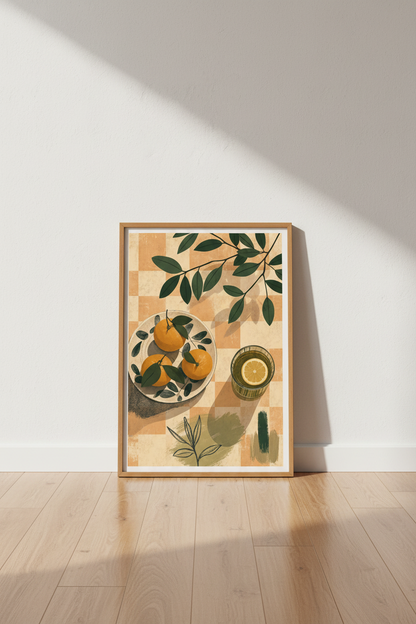 Citrus Fruit Still Life Print | Mediterranean Kitchen Decor | Boho Gingham Poster