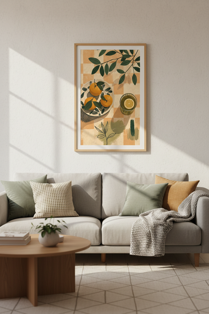 Citrus Fruit Still Life Print | Mediterranean Kitchen Decor | Boho Gingham Poster