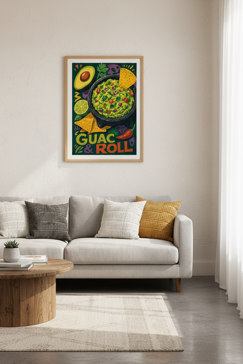 Guacamole &amp; Roll Art Print | Green Kitchen Decor | Modern Foodie Poster