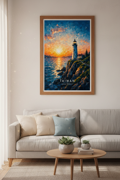 Taiwan Lighthouse Geometric Wall Art | Sunset Coastal Print, Modern Travel Poster
