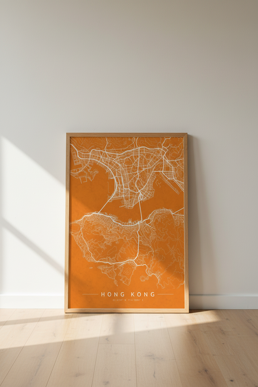 Hong Kong City Map Print | Burnt Orange Minimalist Urban Poster, Living Room Art