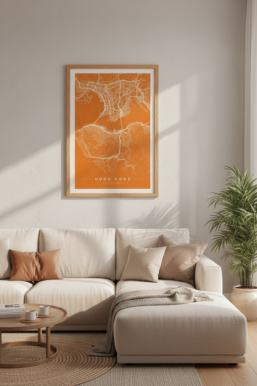 Hong Kong City Map Print | Burnt Orange Minimalist Urban Poster, Living Room Art