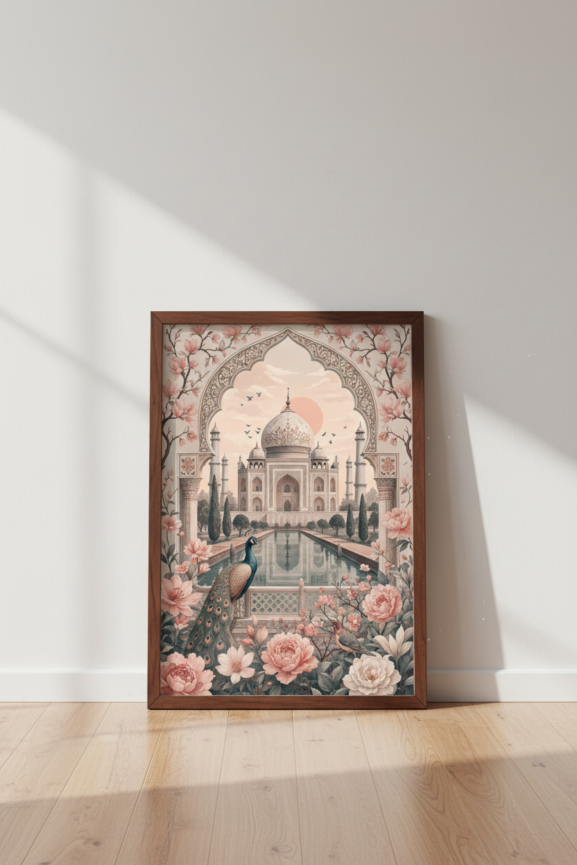 Taj Mahal Peacock Wall Art | Pink Floral Indian Decor | Soft Pastel Poster