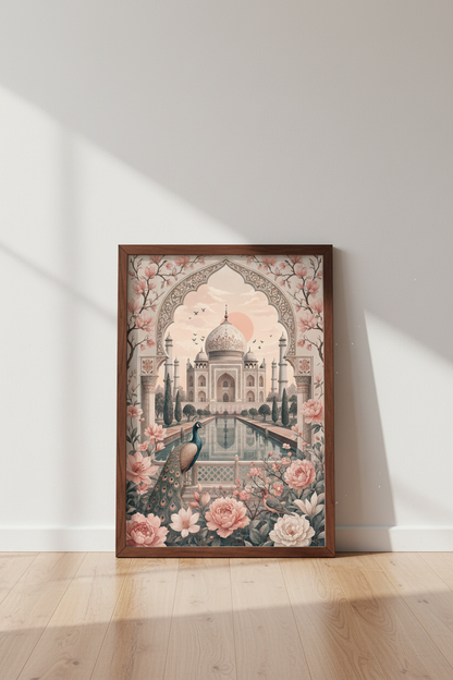 Taj Mahal Peacock Wall Art | Pink Floral Indian Decor | Soft Pastel Poster