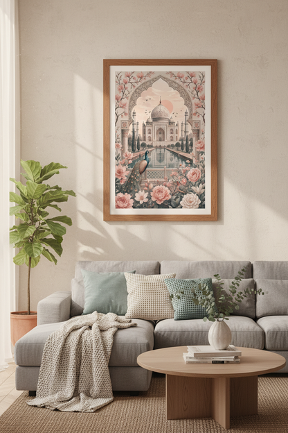 Taj Mahal Peacock Wall Art | Pink Floral Indian Decor | Soft Pastel Poster