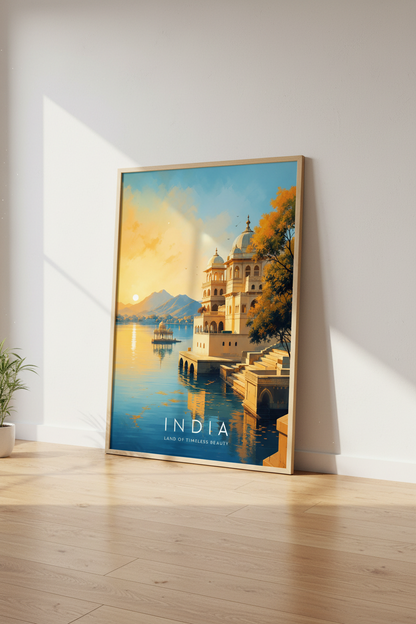 India Travel Poster | Rajasthan Palace Wall Art, Sunset City Lake Decor