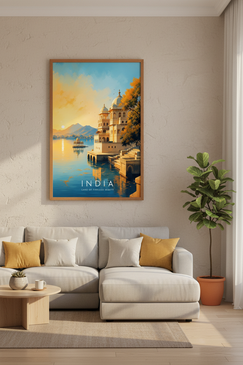 India Travel Poster | Rajasthan Palace Wall Art, Sunset City Lake Decor