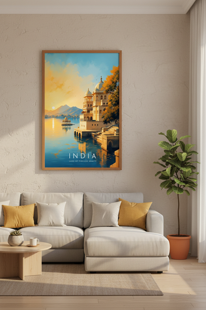 India Travel Poster | Rajasthan Palace Wall Art, Sunset City Lake Decor