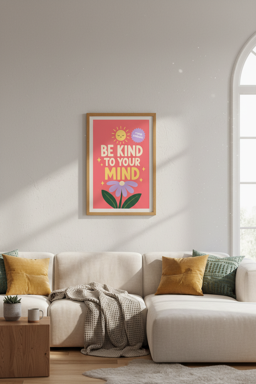 Be Kind To Your Mind Wall Art | Retro Pink Positivity Poster | Mental Health Decor