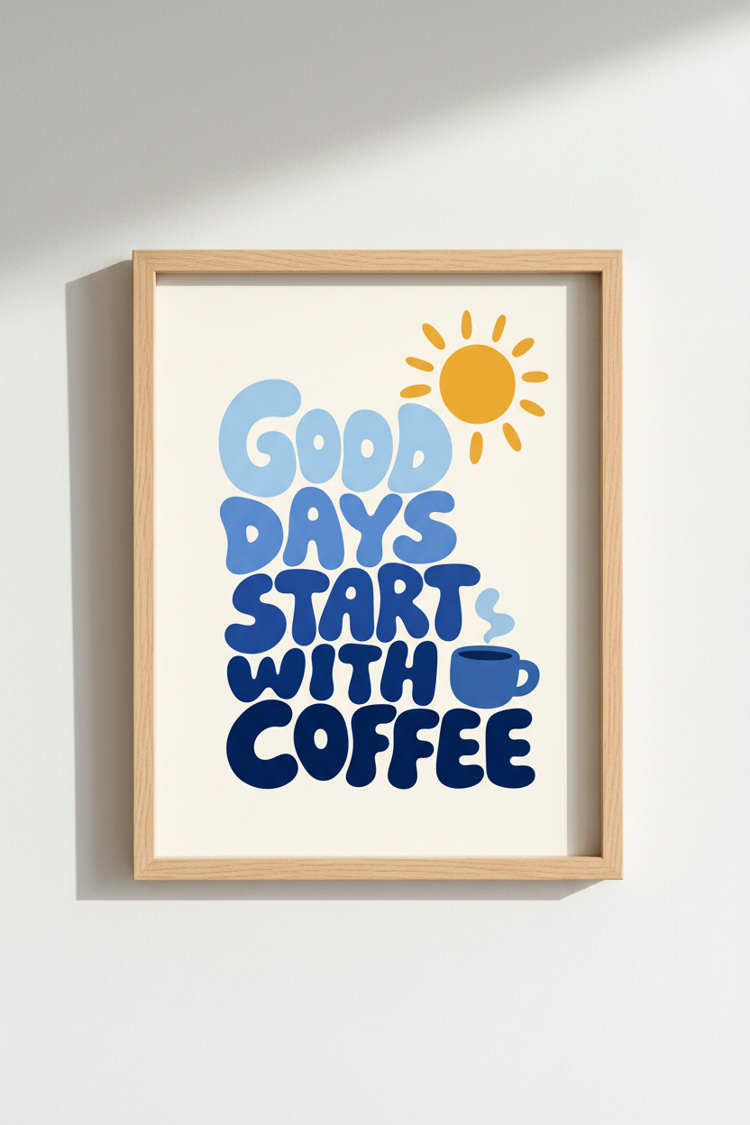 coffee wall art print | Retro blues, sunny vibe | Living Room Decor
