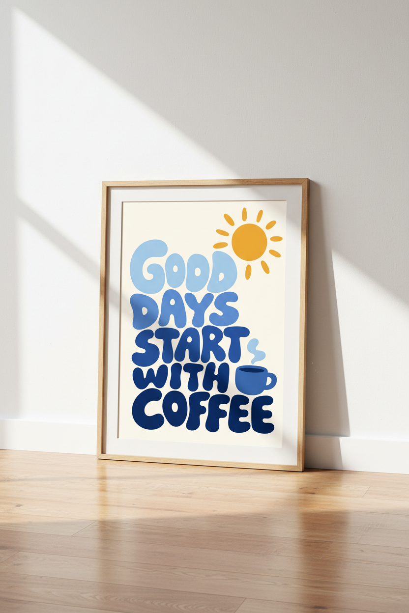 coffee wall art print | Retro blues, sunny vibe | Living Room Decor