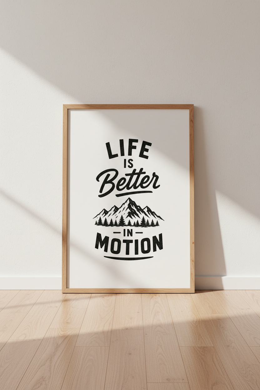 Life is Better in Motion | Mountain Adventure Art, Black &amp; White Minimalist Poster