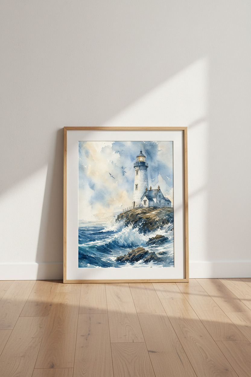 Lighthouse Watercolor Wall Art | Blue Coastal Decor | Nautical Ocean Poster
