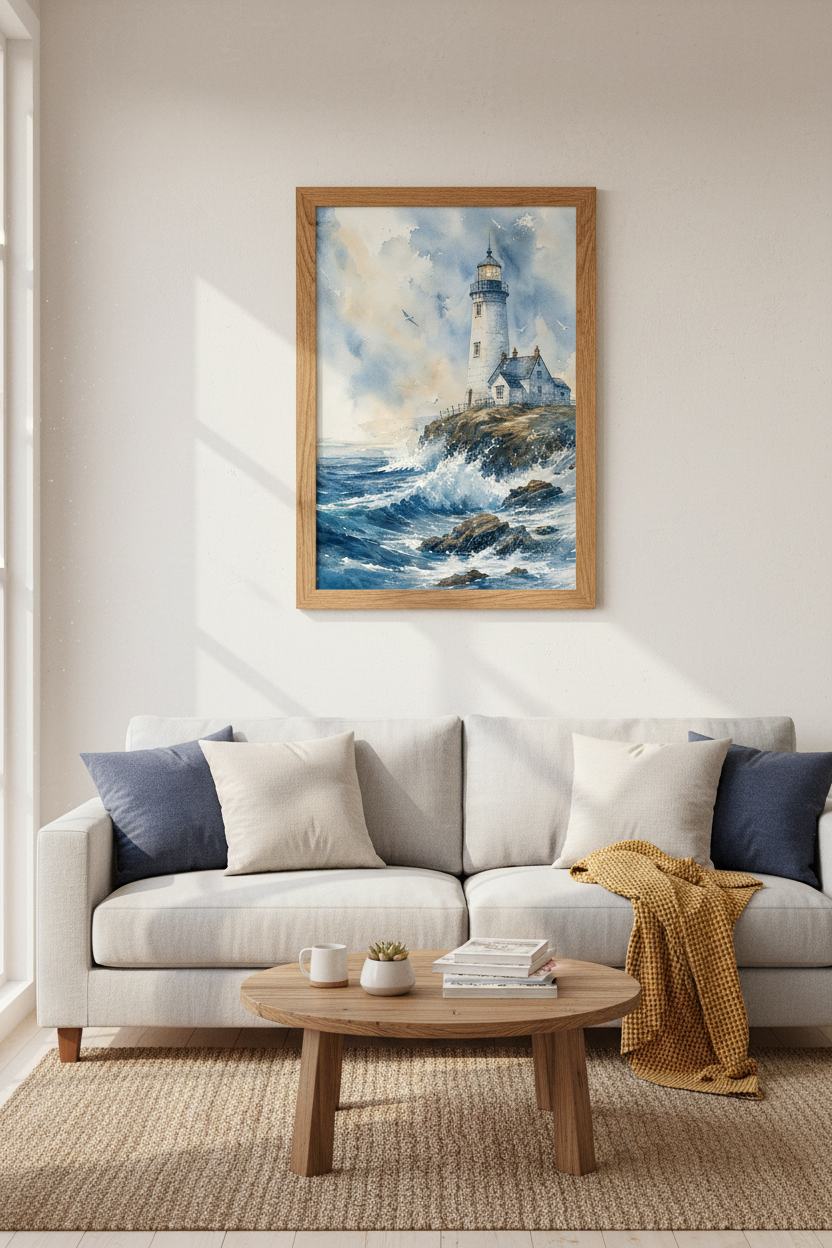 Lighthouse Watercolor Wall Art | Blue Coastal Decor | Nautical Ocean Poster