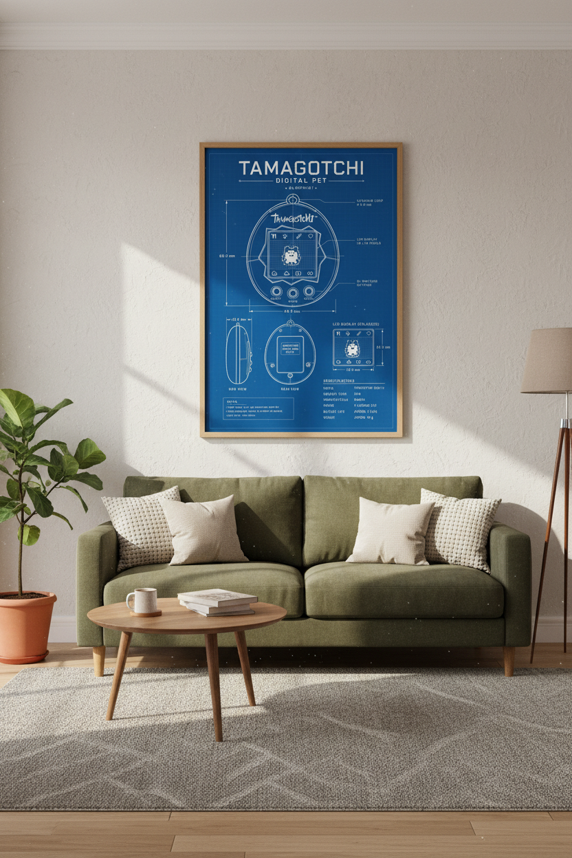 Tamagotchi Blueprint Wall Art Print | Retro Gaming Blue Decor | 90s Aesthetic Poster