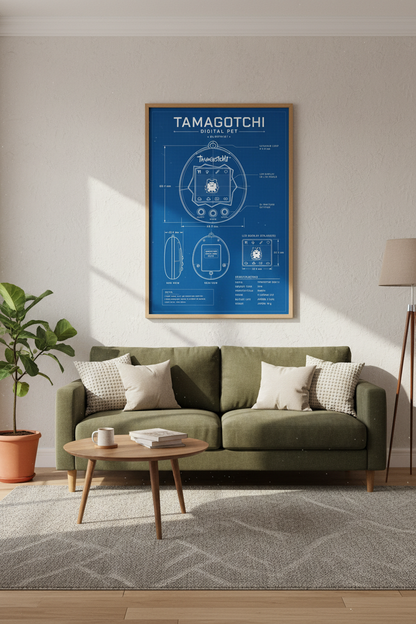 Tamagotchi Blueprint Wall Art Print | Retro Gaming Blue Decor | 90s Aesthetic Poster