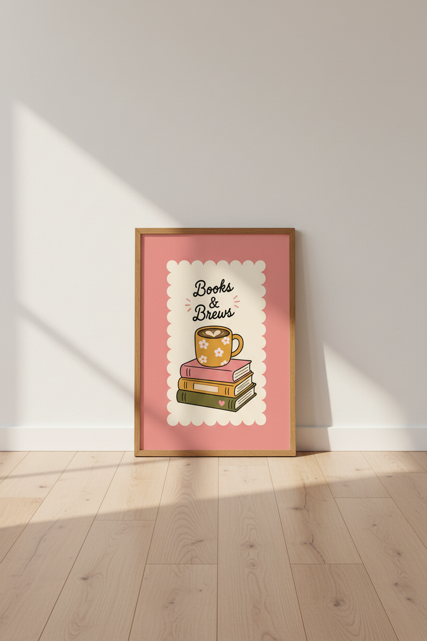 Books and Brews Wall Art Print | Pink Floral Coffee Cup &amp; Book Stack | Cozy Home Decor