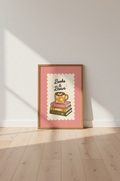 Books and Brews Wall Art Print | Pink Floral Coffee Cup &amp; Book Stack | Cozy Home Decor