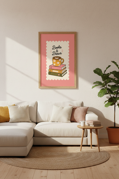 Books and Brews Wall Art Print | Pink Floral Coffee Cup &amp; Book Stack | Cozy Home Decor